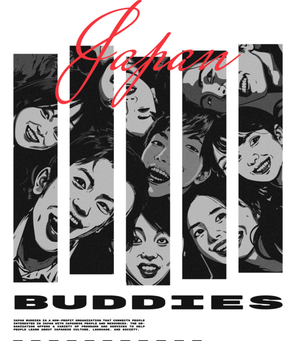 Image divided into several strips of a group of Japanese friends design