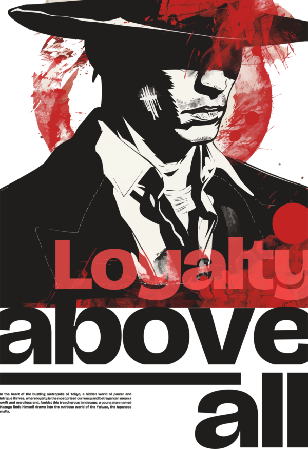 Japanese mafia member with black suit and red stains design