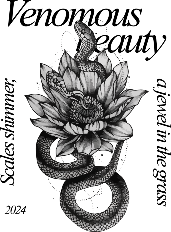 Lotus flower surrounded by a snake in tattoo style design