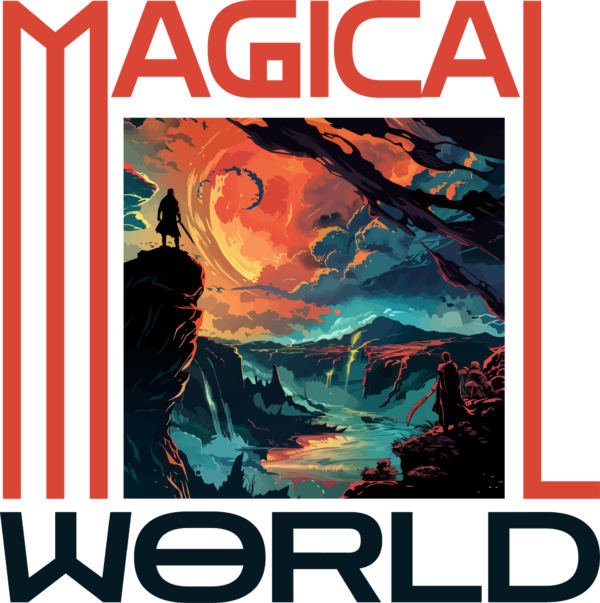 Man on a rocky mountain watching a magical world design