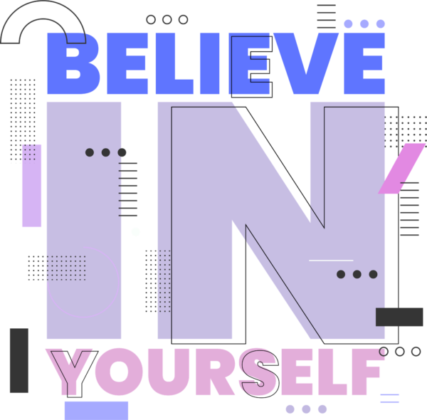 Motivational phrase in square with outlines and geometric particles design
