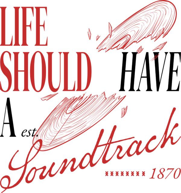 Musical phrase intertwined with a broken vinyl record design