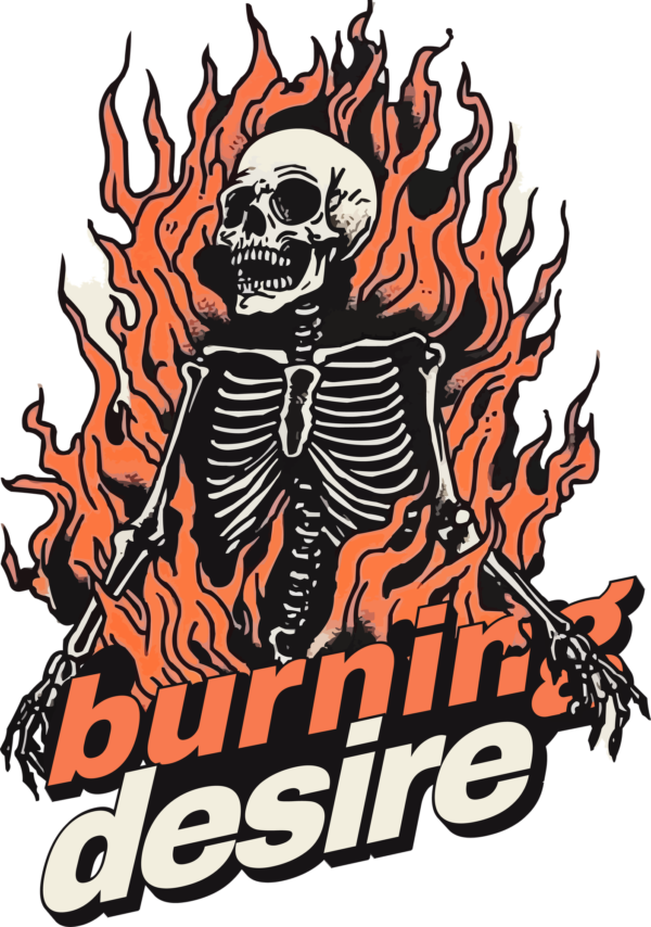 Skeleton surrounded by fire in a tattoo style design