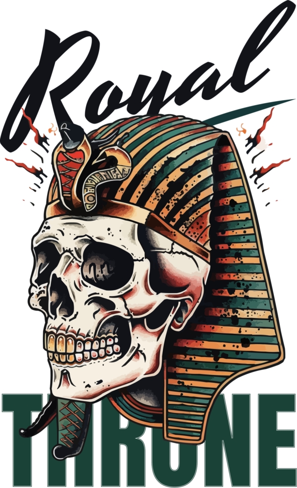 Skull with pharaoh king hat with a related phrase design