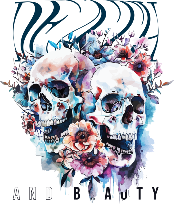Skulls surrounded by flowers in colorful tattoo style design