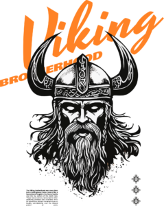 Viking with a long beard and a helmet decorated with a phrase design