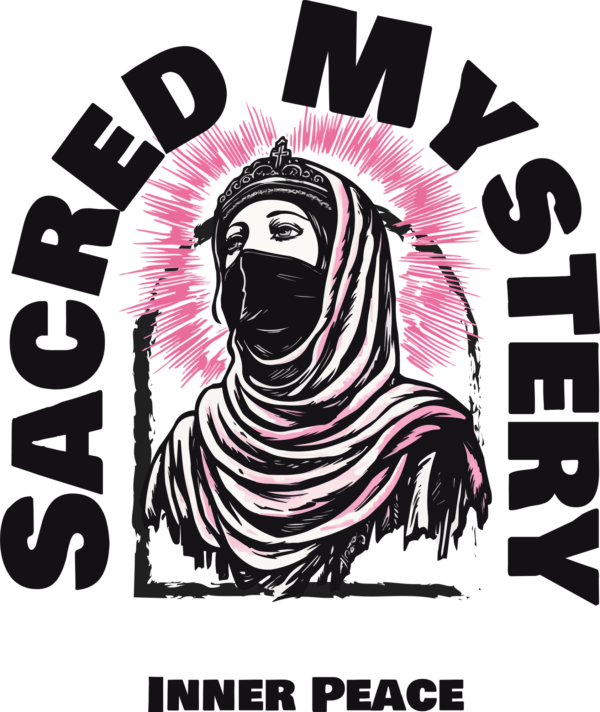 A saint with a mask inside of a sentence in text form design