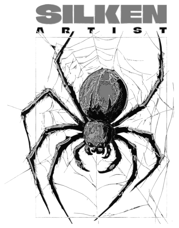 A spider in a web inside a box with a related phrase design