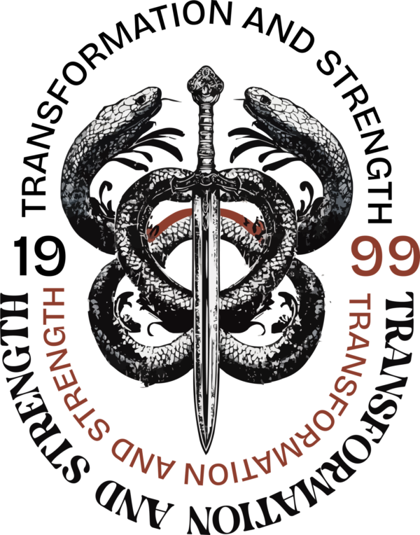A sword surrounded by two snakes and a related phrase design