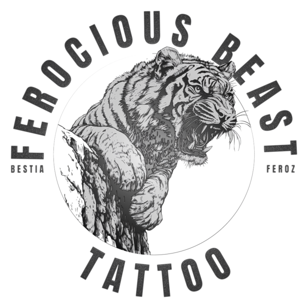 A tiger inside a circular cutout mask decorated with a phrase design