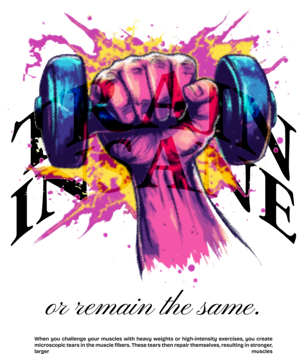 Arm holding a dumbbell with a gym quote design