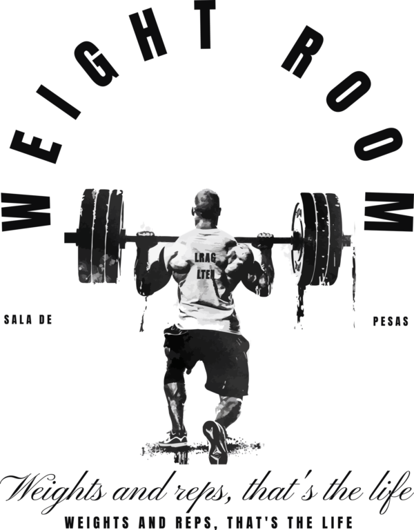 Man lifting a weight with several discs decorated with a phrase in the shape of an arc design