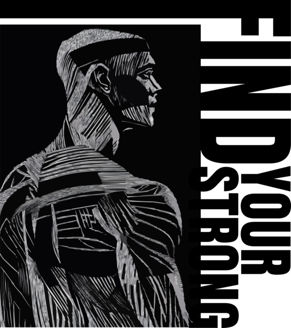 Silhouette of lines in white on a black background with a related phrase design