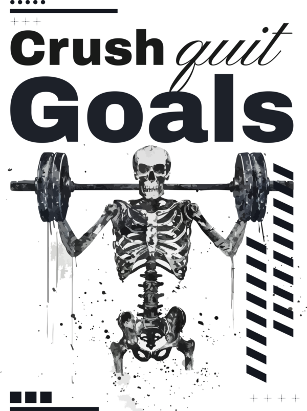 Skeleton in bar with squat in black and white with a gym quote design