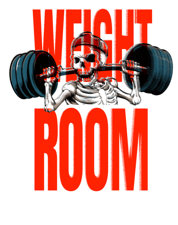 Skeleton lifting a barbell overlaid on a phrase about strength design