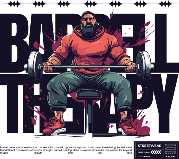 Strong man sitting lifting a barbell with a quote behind design