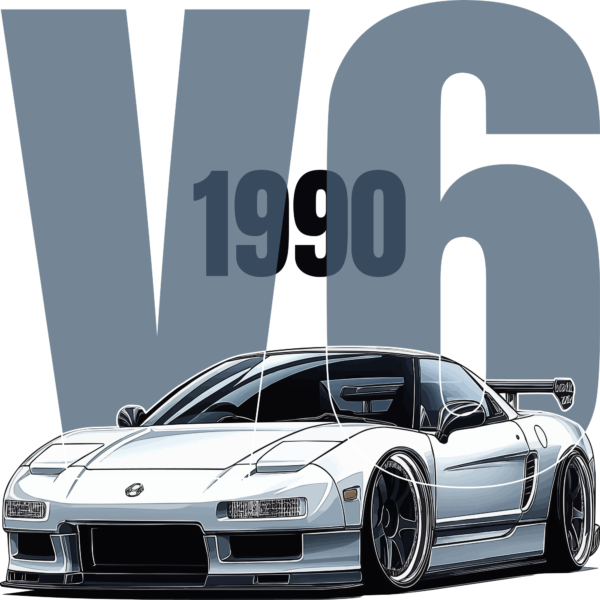 A custom classic sports car superimposed on a giant text that is framed with a white outline design