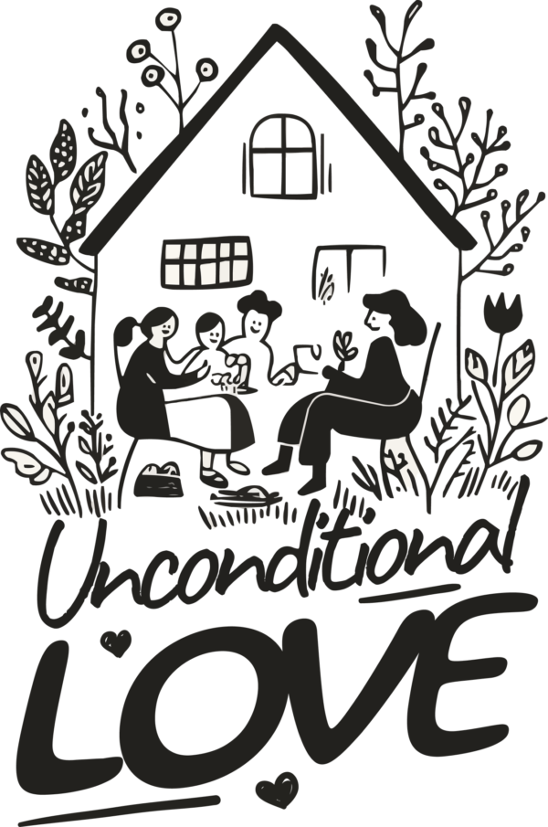 A happy family sitting in front of their house in a black and white setting design