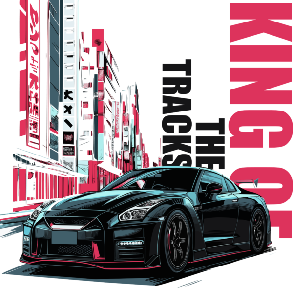 A japanese sportscar in black color through the streets of japan design