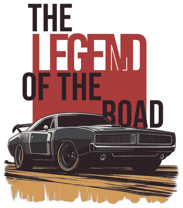 A muscle car on a road with a red background that is part of a phrase design