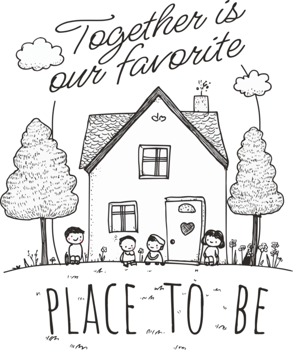 A very small family with a hand drawn house in black and white design