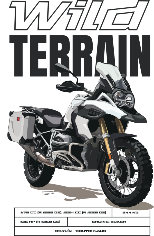 Adventure motorcycle in white and black with phrase and related features design