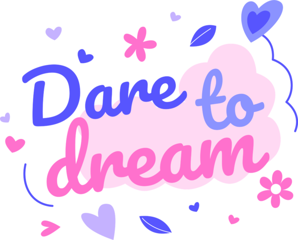An inspirational phrase in a handwritten font in blue and pink design