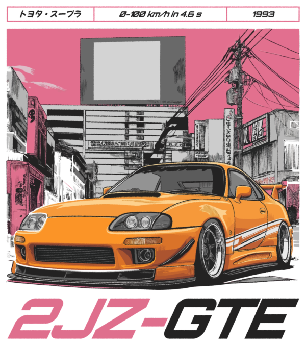 Design of an iconic japanese car in a city in pink color design