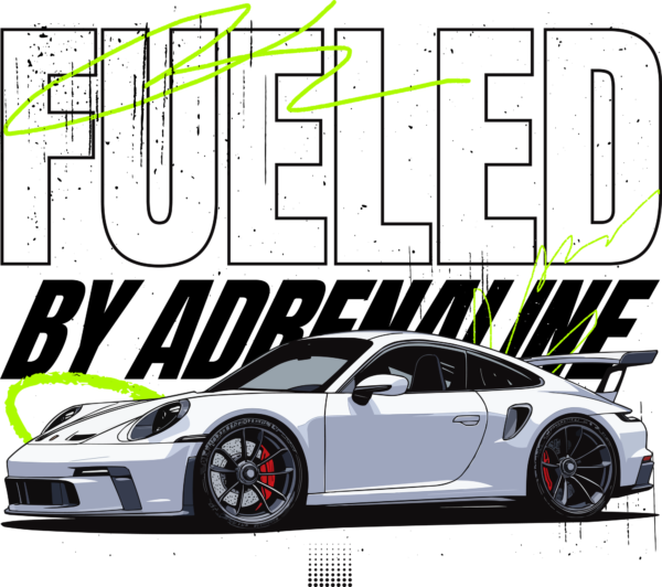 German sports car in white color overlapped with a phrase design