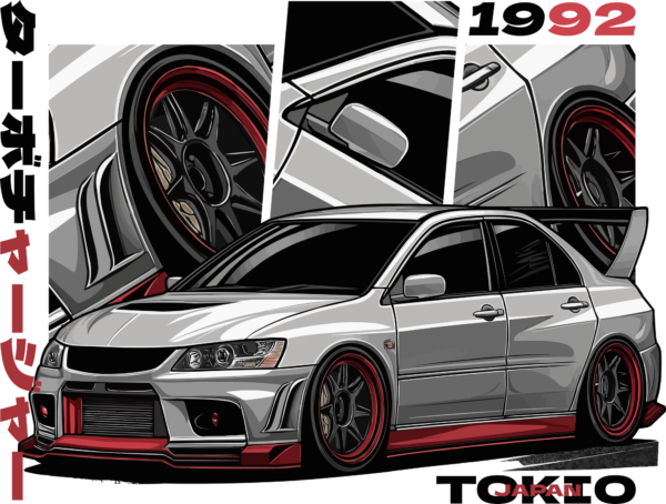 Iconic custom japanese car in a side perspective in gray and red tone design