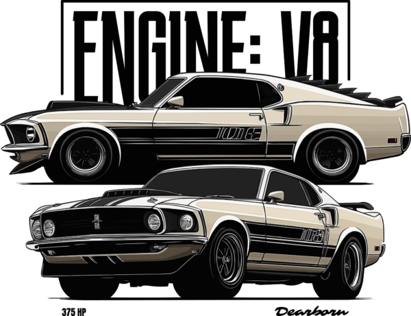 Image of a classic muscle car with side and semi side perspective design