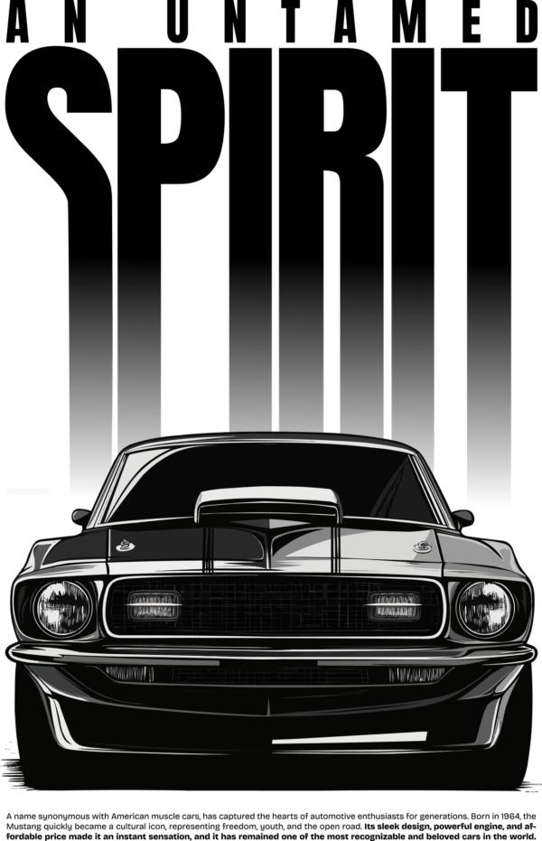 Muscle car with front view in black tones with a variable effect phrase design