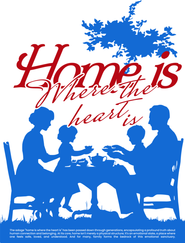 Small family enjoying a meal at a table with a family phrase design