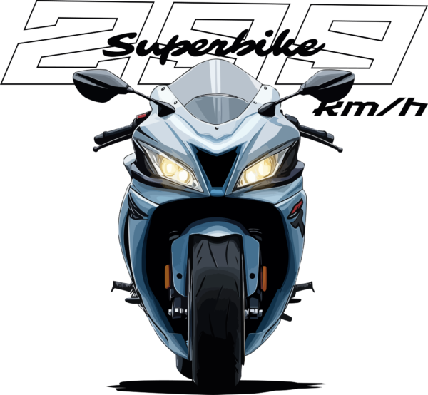 Sport motorcycle in a front perspective superimposed on text design