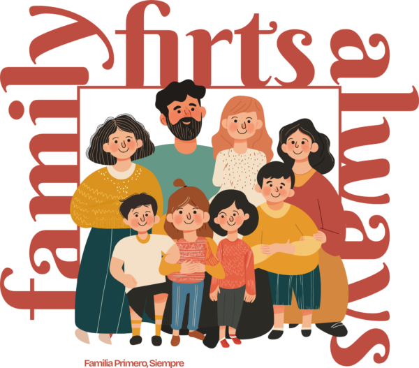 The portrait of a family with a phrase in which each word varies its orientation design