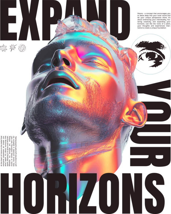 A chrome style human model in colors that intertwine with a phrase design