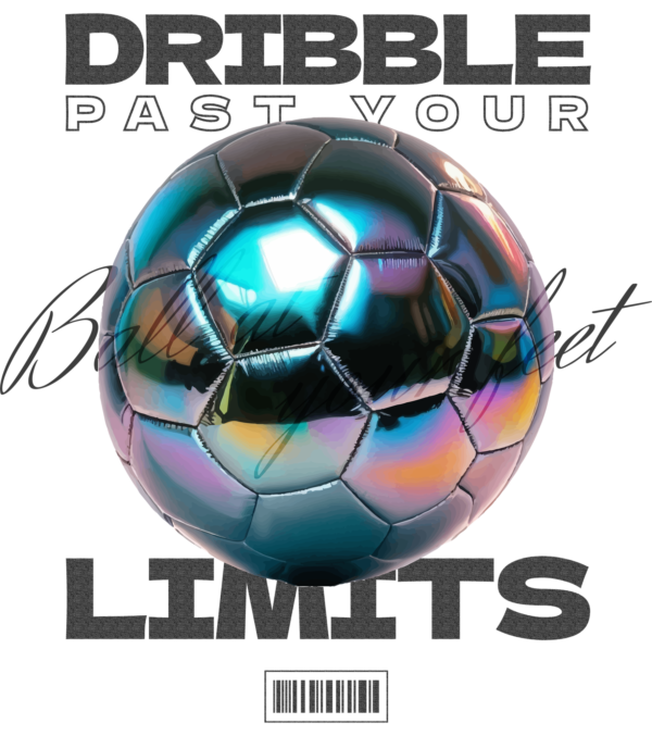 A chrome toned soccer ball in the center of a design with a text phrase design