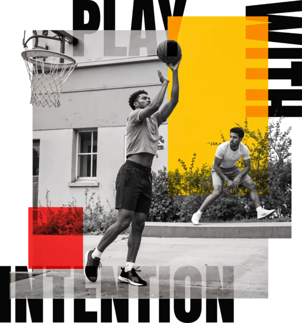 A guy throwing a basket in a design divided by color zones design