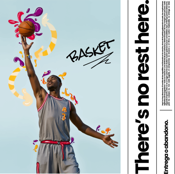 A photorealistic illustration with collage elements around a basketball player design