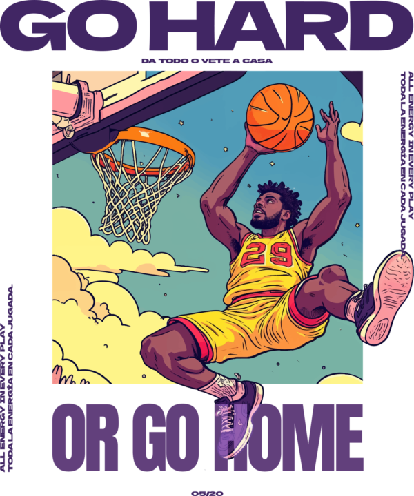 Basketball player illustration with phrase around design
