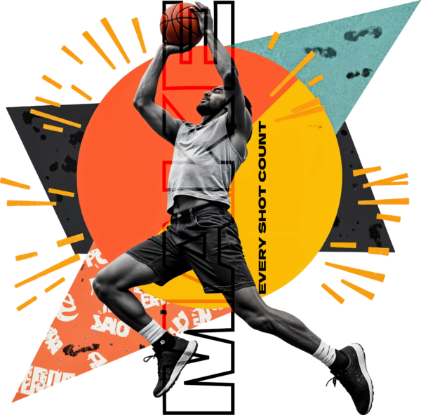 Basketball player jumping to dunk over a colorful collage background design