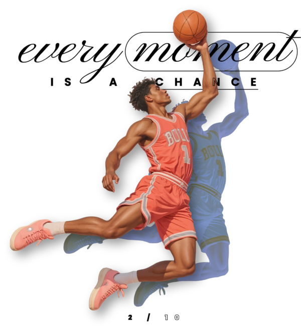 Basketball player taking a shot with a shadow intersecting with the phrase design