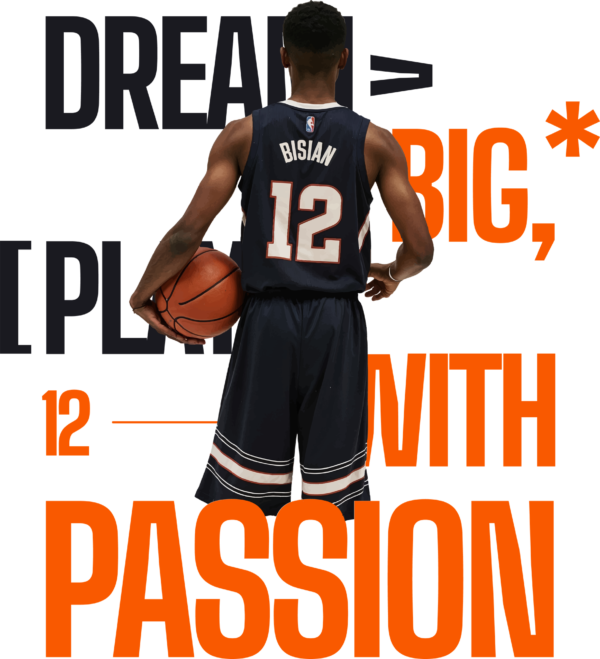 Design of a basketball player from the back intersected with a phrase design