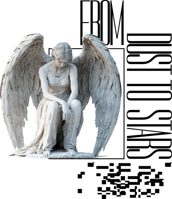 Fallen angel sitting in a sculptural style in a distressed design