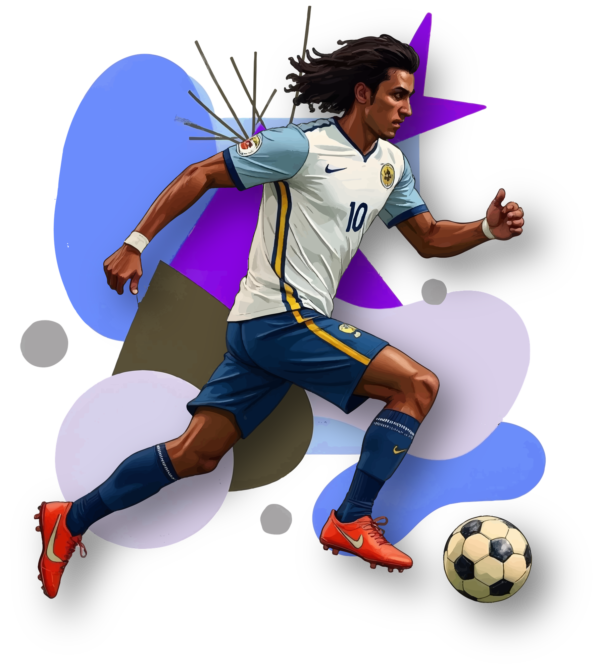 Soccer player on a patterned background with abstract shapes design