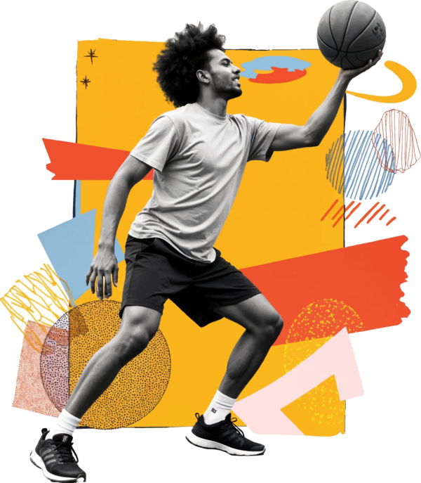 Man with basketball colorful collage background design