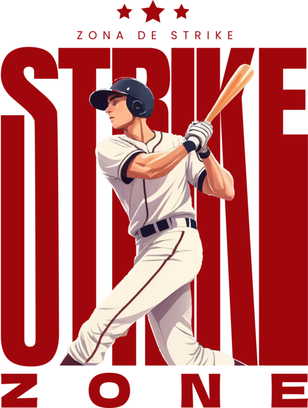 A baseball player hitting a ball over a distorted vertical red phrase design