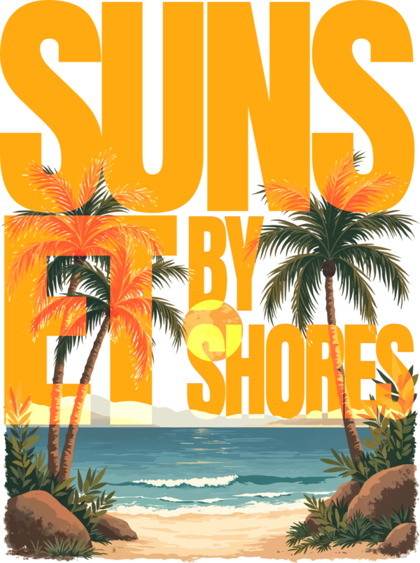 A design with a beach phrase on a background with sea and palm trees design