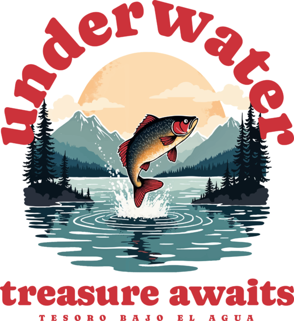 A fish jumping out of a lake with mountains in the background design