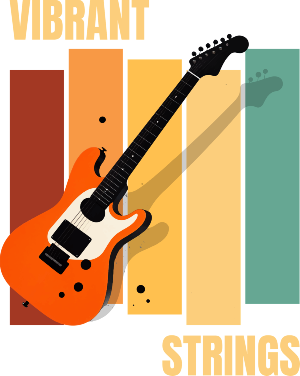 A guitar on a rectangular colored background with a phrase design